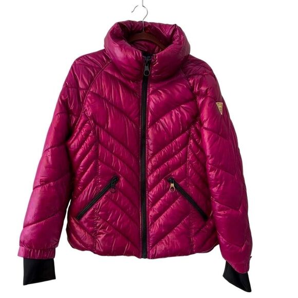 Guess quilted puffer jacket M magenta black trim high cozy neck - Picture 2 of 11